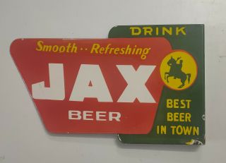 Vintage Double Sided Flange Jax Beer Porcelain Enamel Sign.