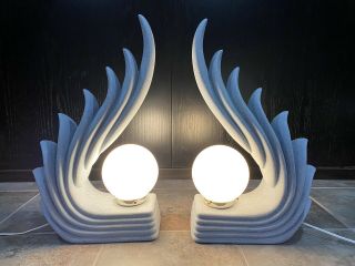 Midcentury Art Deco Table Lamps Wave Shell Pair Retro Vintage Furniture Blue
