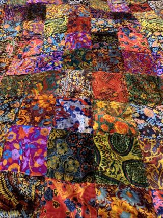 Vintage Velvet Patchwork Quilt Fitted Bedspread 1970s Bohemian Heaven 114 X 100 2