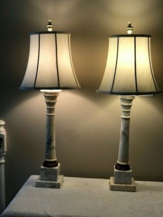 Vintage Italian Alabaster White Carved Marble Table Lamps - Pair