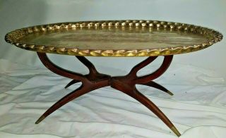 Vintage 46 " Oval Brass Moroccan Coffee Table Mid Century Foldable Spider Legs