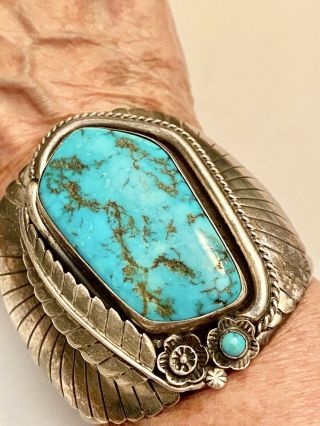 Vintage Old Pawn Navajo Turquoise Sterling Silver Cuff Bracelet Signed 134.  1 Gr.