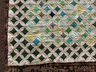 Vintage Handmade Cathedral Window Quilt 88 " X 71 " Cream & Greens Bedspread.