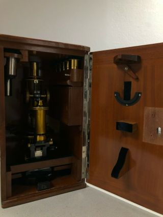 Vintage Antique Carl Zeiss Jena Brass Monocular Microscope W/ Wooden Storage Box