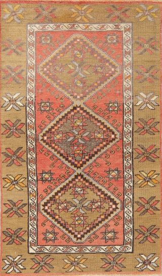 Vintage Anatolian Oriental Traditional Geometric Area Rug 3x5 Handmade Carpet
