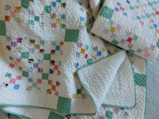 Set of 2 Vintage Antique Postage Stamp Quilts Hand Made Feed Sack Fabrics PAIR 2