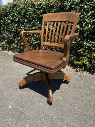 Vintage Wood Banker Chair Antique Office Wooden Swivel 1900 - 1940