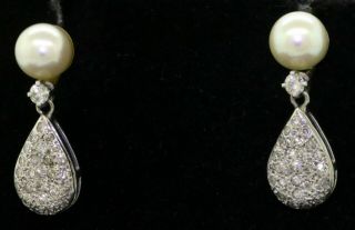 Vintage 14k White Gold Elegant.  95ct Diamond Cluster/7.  7mm Pearl Dangle Earrings