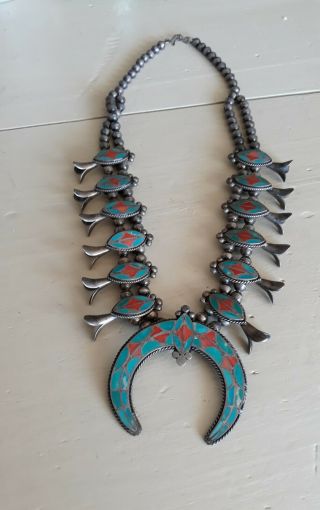 Vintage Navajo Sterling Silver Coral And Turquoise Squash Blossom Style Necklace