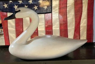 Large Vintage White Swan Carved Wood Decoy Signed E ‘85 Late 20th Century