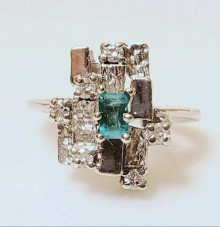 Vintage 14k White Gold,  Emerald & Diamond Ring,  Band,  Size - 6us