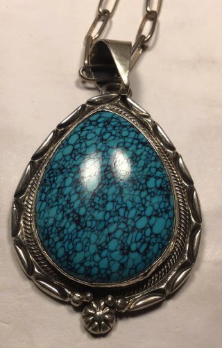 Vintage Sterling Silver Navajo Spiderweb Turquoise Pendant With Sterling Chain