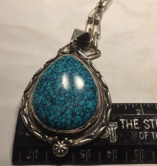 Vintage Sterling Silver Navajo Spiderweb Turquoise Pendant With Sterling Chain 3