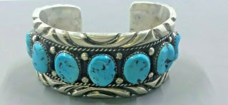 Heavy Vintage Navajo Sterling Silver Turquoise Cuff Bracelet,  Signed Estate