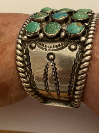 Fab Vintage Old Pawn Navajo Turquoise Sterling Silver Hand Stamped Cuff Bracelet 2