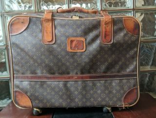 Vintage Large Louis Vuitton Monogram Luggage Rolling Suitcase Trunk With Leash