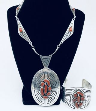 Vintage Navajo Sterling Silver Coral Cuff Bracelet Pendant Necklace Signed Tn