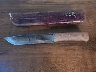 Vintage Chinese Mongolian Wood Handle Knife W Engraved Art On Blade Usa