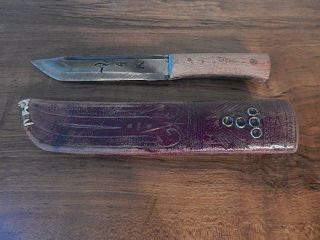 VINTAGE CHINESE MONGOLIAN WOOD HANDLE KNIFE W ENGRAVED ART ON BLADE USA 3