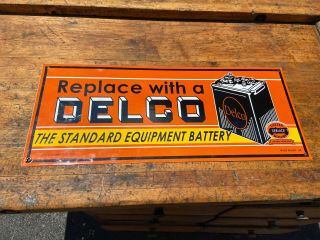 Nos Vintage 1949 Double Sided Delco Battery Porcelain Gas Station Pump Sign