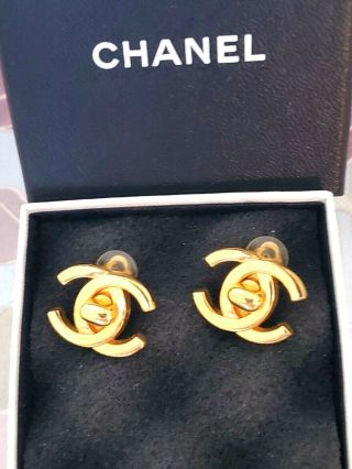 Authentic Chanel Vintage 95a Gold Tone Turn Lock Clip - On Earrings