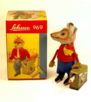 Vintage Schuco Mechanical Fox With Goose In Tin Suitcase Windup Germany