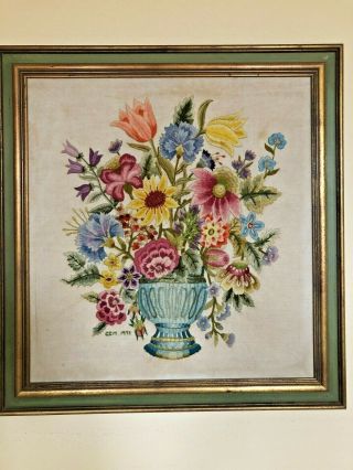 Large Gorgeous Vintage Boho Flower Crewel Framed Embroidery Art @1973 Signed