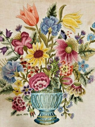 Large Gorgeous Vintage Boho flower Crewel Framed Embroidery Art @1973 Signed 2