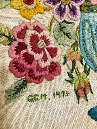 Large Gorgeous Vintage Boho flower Crewel Framed Embroidery Art @1973 Signed 3