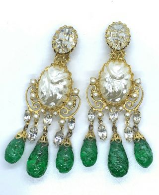 Vintage Schreiner York Faux Baroque Pearl Emerald Glass Chandelier Earrings
