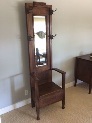 Vintage 1900’s Oak Hall Tree Seat And Storage With Beveled Mirror
