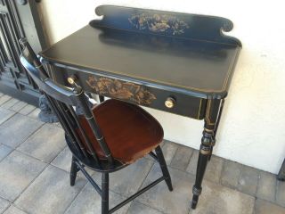 VINTAGE EBONY HITCHCOCK ETHAN ALLEN HAND STENCILED DESK WITH CHAIR 3