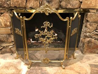 Antique Vintage French Louis Xiv Gilt Bronze Brass 3 Panel Footed Fire Screen