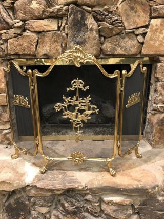 ANTIQUE VINTAGE FRENCH LOUIS XIV GILT BRONZE BRASS 3 PANEL FOOTED FIRE SCREEN 2