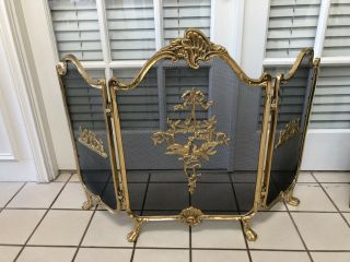 ANTIQUE VINTAGE FRENCH LOUIS XIV GILT BRONZE BRASS 3 PANEL FOOTED FIRE SCREEN 3