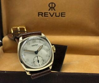 Vintage 9k 9ct Solid Gold Mens Vertex Revue Cushion Swiss Watch,  Box (military)