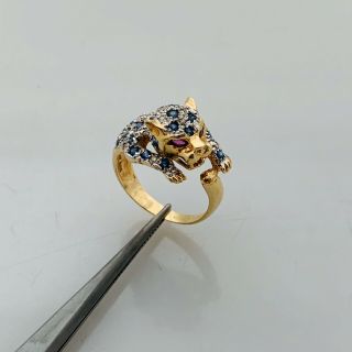 Vintage Ladies 14k 585 Yellow Gold Sapphire Diamond Ruby Panther Ring Size 7