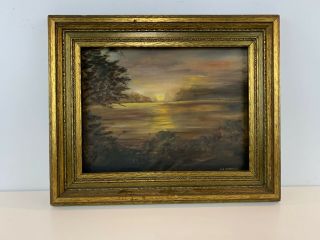 Vtg Antique Oil Painting On Board Of Sunset Over Lake Signed Ina Hoffman Framed