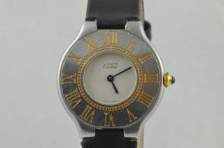 Cartier Ligne 21 Damen Uhr 32mm Stahl/gold Quartz Vintage Mit Leder Band