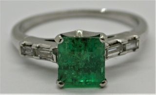 Vintage 1.  15 Ct Emerald Center Platinum Baguette Diamond Engagement Ring Size 8