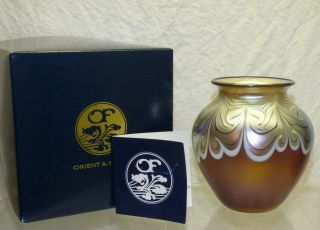 Vtg 1979 Orient & Flume Amethyst Iridescent Pulled Feather Studio Art Glass Vase