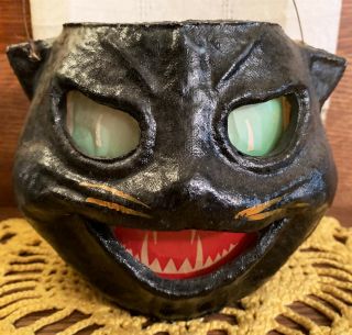 Near All - Vintage Halloween Paper Mache Pulp Black Cat Lantern,  40s