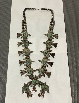 Vintage Navajo Squash Blossom Peyote Bird Turquoise Sterling Old Pawn Necklace