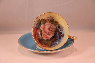 Vintage Aynsley Turquoise Blue Cabbage Rose Signed Bailey Cup & Saucer