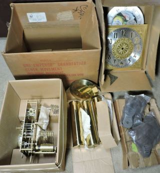 Vintage Nib Emperor Grandfather Clock Movement,  Weights,  Pendulum,  Dial,  Face,  Boxes