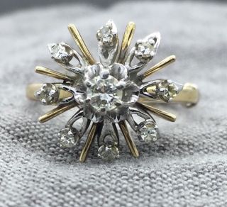 Vintage 14k Yellow Gold Diamond Starburst Cluster Ring Size 5