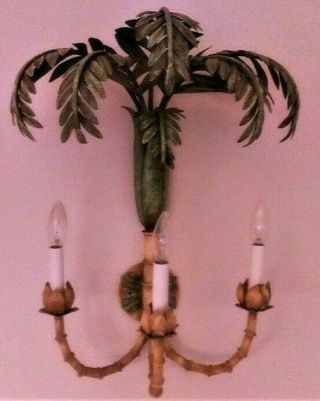 Vintage Pair Tropical Style Wall Sconces,  3 Light,  Bamboo Cane And Palm Leaves