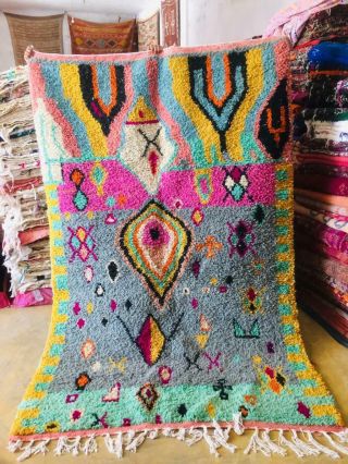 Moroccan Boujaad Rug 100 Wool Handmade Yellow Berber Carpet (8ft X 5ft)