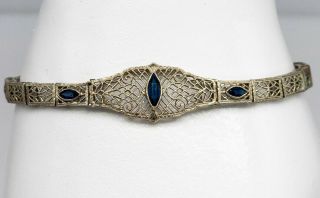 Antique 1920s 1.  50ct Marquis Blue Sapphire 14k White Gold Filigree Bracelet