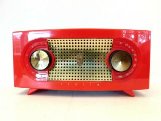 Vintage Zenith Red & Brass Trim Old Plastic Eames Era Mid Century Radio